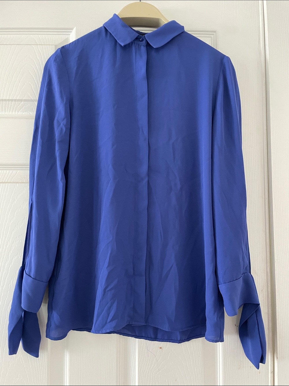 Mango Cobalt Blue Blouse - Tie-Cuff Sleeves - Round Collar